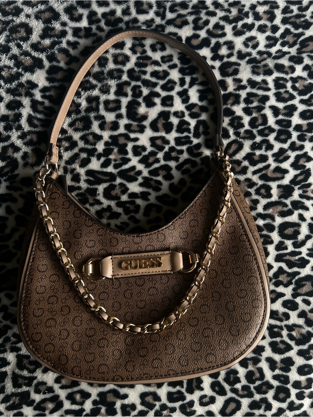 GUESS Brown Monogram Hobo with Gold Chain